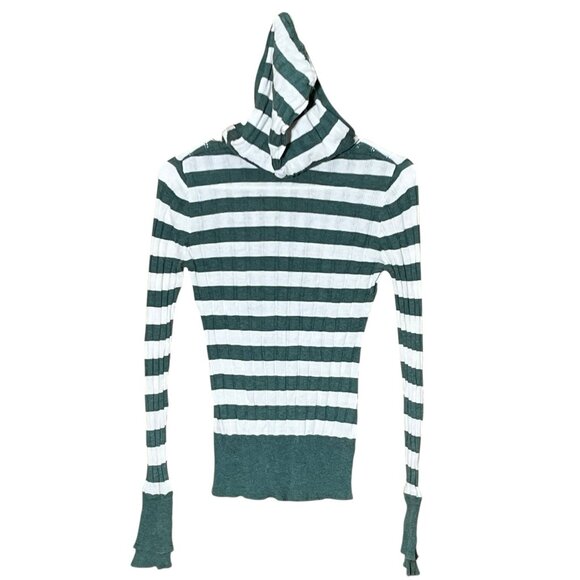 VTG Y2K Say What? Wm's Cotton Long Sleeve Hood V Neck Stripe Pullover Sz L Bella - Picture 3 of 5